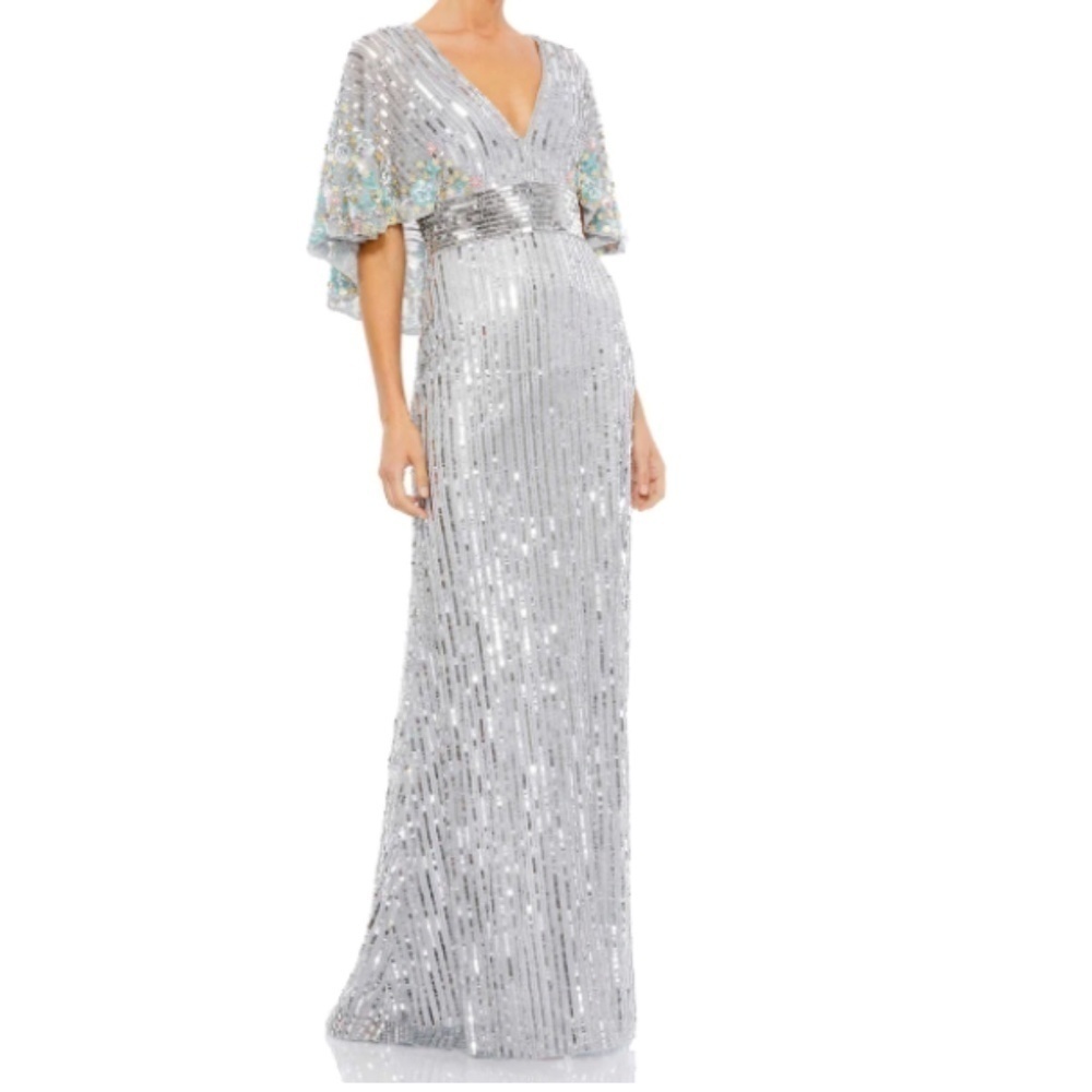 MAC DUGGAL Formal Wedding Prom Cocktail Cape Sleeve Floral Long Gown • Size 10